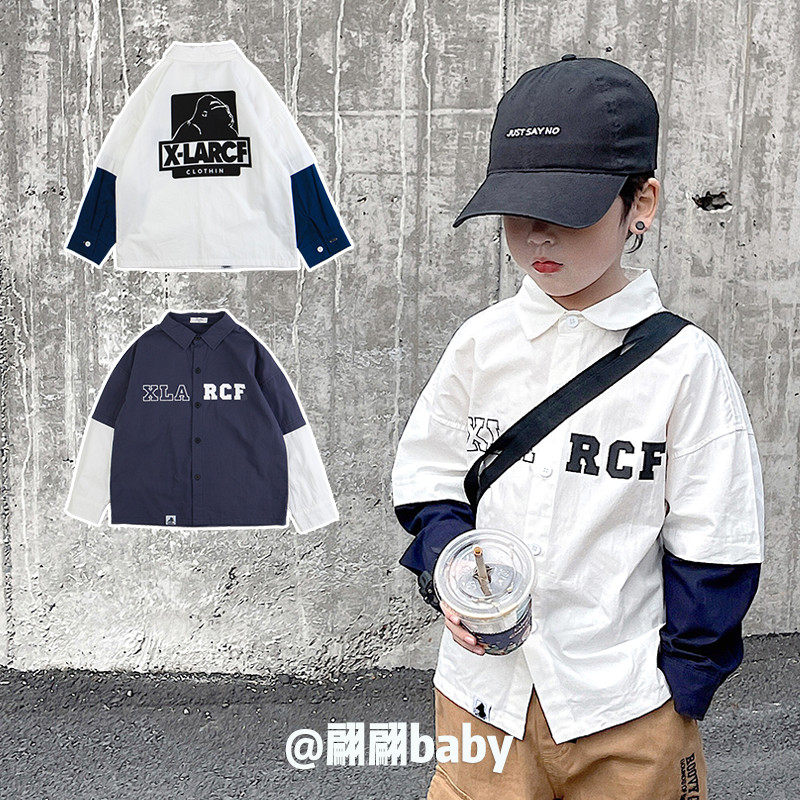 23 Spring autumn season new men's middle children's children's fashion day teshul fake two pieces of pure cotton long sleeve casual loose shirt-Taobao