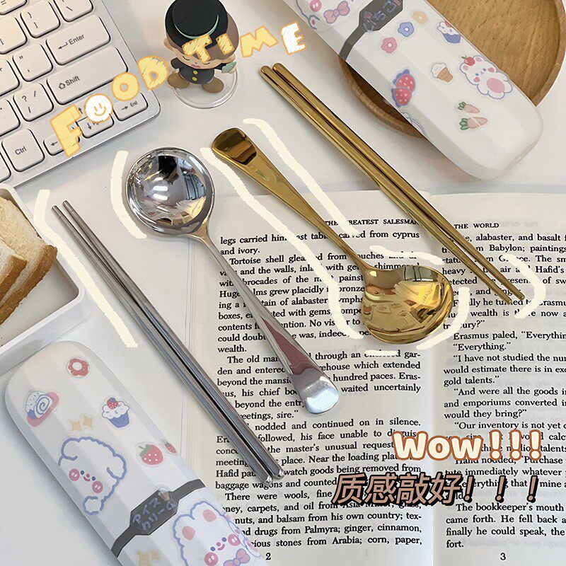 Portable tableware set 304 stainless steel chopstick spoon creative students with box gold silver spoon