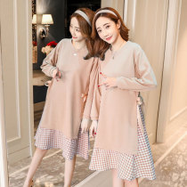 2021 autumn maternity dress knitted stitching plaid skirt Korean large size loose maternity dress spring and autumn