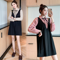 Net red pregnant women Autumn new fake two dress loose thin small man long coat spring and autumn