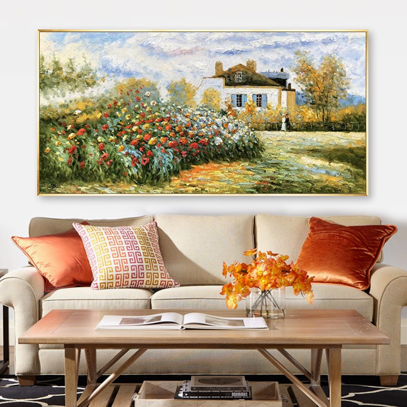 Oil painting hand painted huge Monet Rose Manor living room sofa background wall decorated painting landscape horizontal Nordic painting