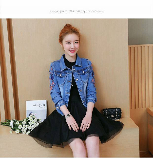 2018 Áo khoác ngắn thêu nữ mùa xuân và mùa thu Hàn Quốc Joker Top Slim Jeans thêu áo khoác kích thước lớn áo khoác gió nữ