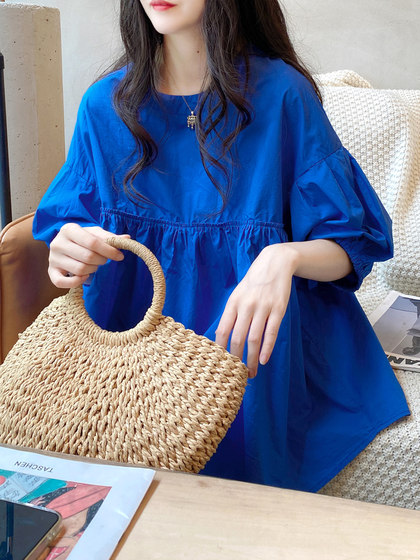 娃娃衫上衣女2025年夏季韩版圆领套头灯笼袖蓬蓬高端纯色棉衬衫