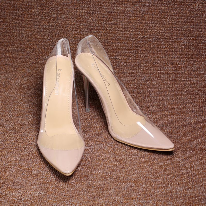 2023 Spring/Summer New Pointed Toe Transparent Crystal Heel Shallow Breathable Stiletto High Heel Single Shoes Work Shoes Large Size 42