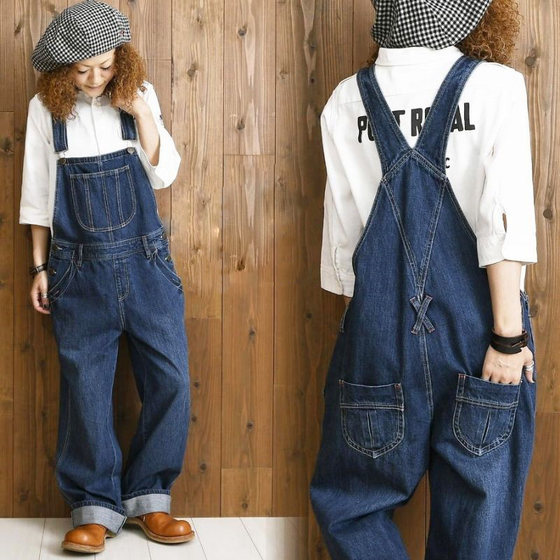 2025春夏日系贵牌宽松连身衣纯棉牛仔背带裤工人裤女裤
