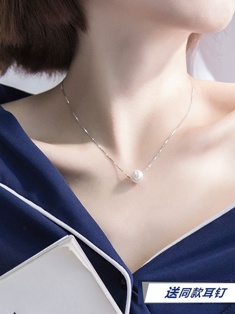 A pearl necklace Female sterling silver cold wind necklace Female clavicle chain Female simple temperament pearl pendant Female single