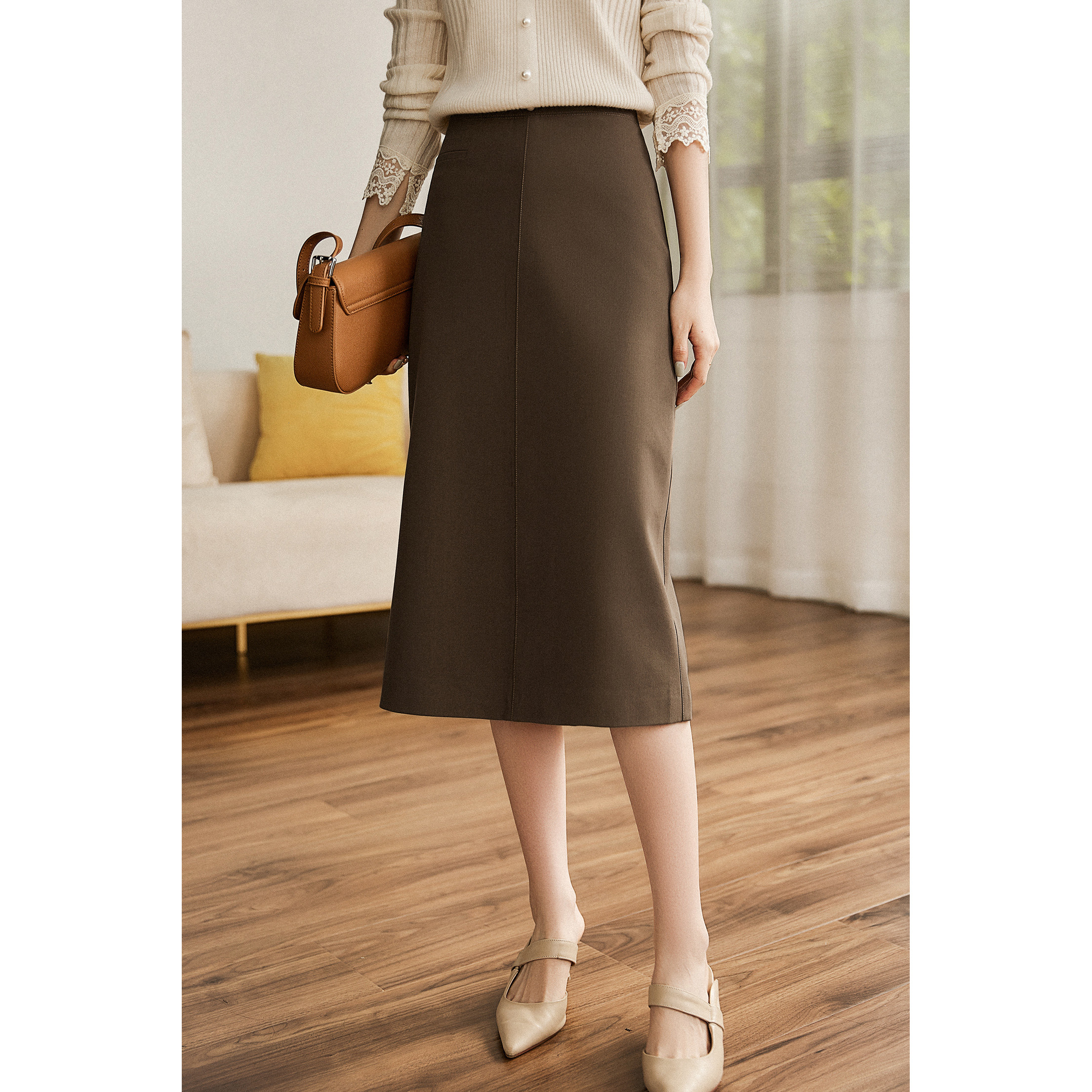 The temperament that comes out of the bone, the spring and autumn workplace sister Li~pure color skirt ELQZ45773