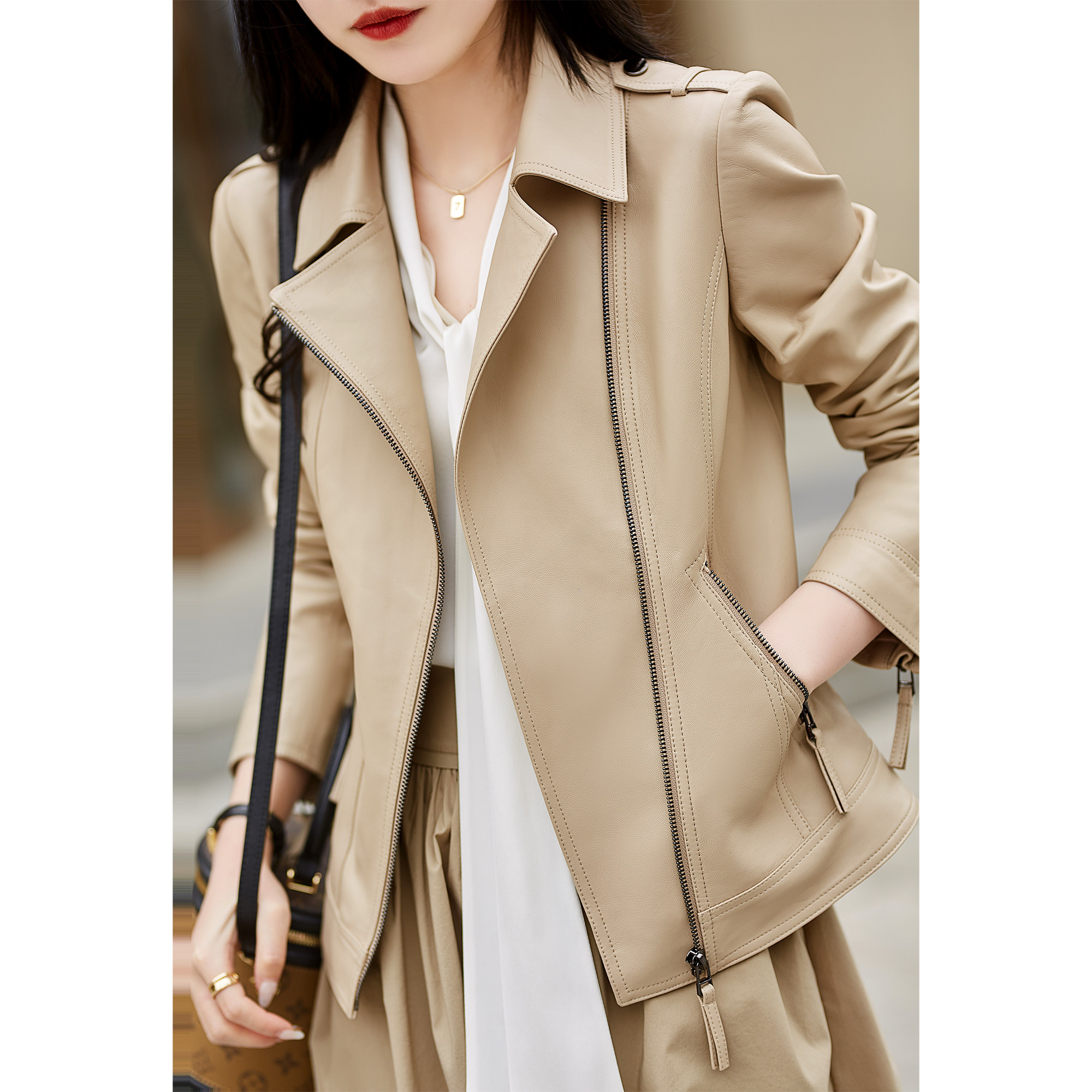 2 DIEL House Fashion Classic Skew Door Flap Soft Little Sheepskin Locomotive Leather Coat Jacket Lady Spring Autumn EGPY41378