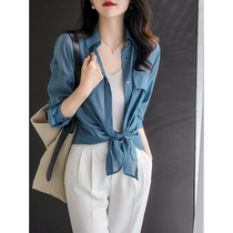 い Wear out the fried street effect bright fashion Blue OS silhouette giant meat Lesel shirt EGCY33538