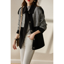 Simple design retro stitching contrast houndstooth sequin double-sided wool coat long ELDY47135