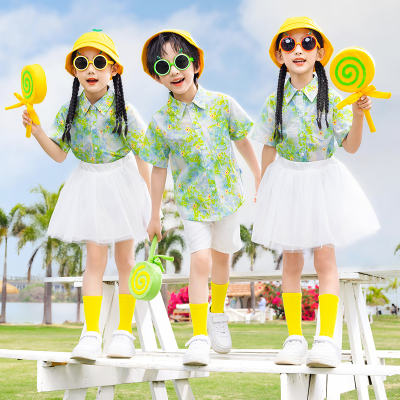 Children's Day performance costumes, summer kindergarten chorus costumes, boys' cool and stylish retro Hong Kong-style floral shirt performance sets