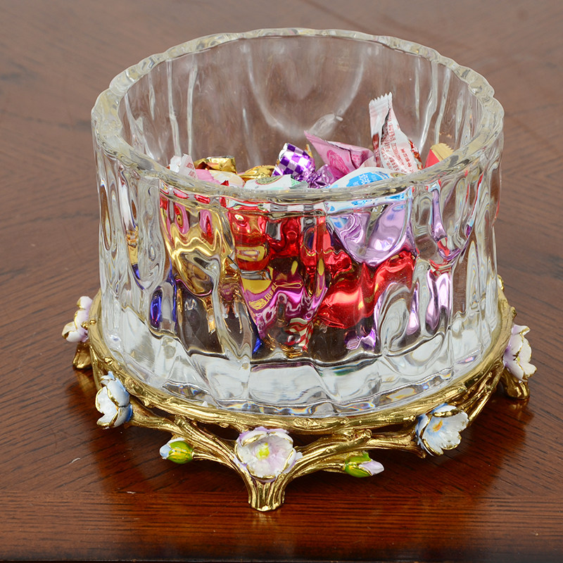 Pure copper crystal glass inlaid with copper dry fruit tray pendulum piece European style living room Creative American candy jar Fruit basket Basket Furniture