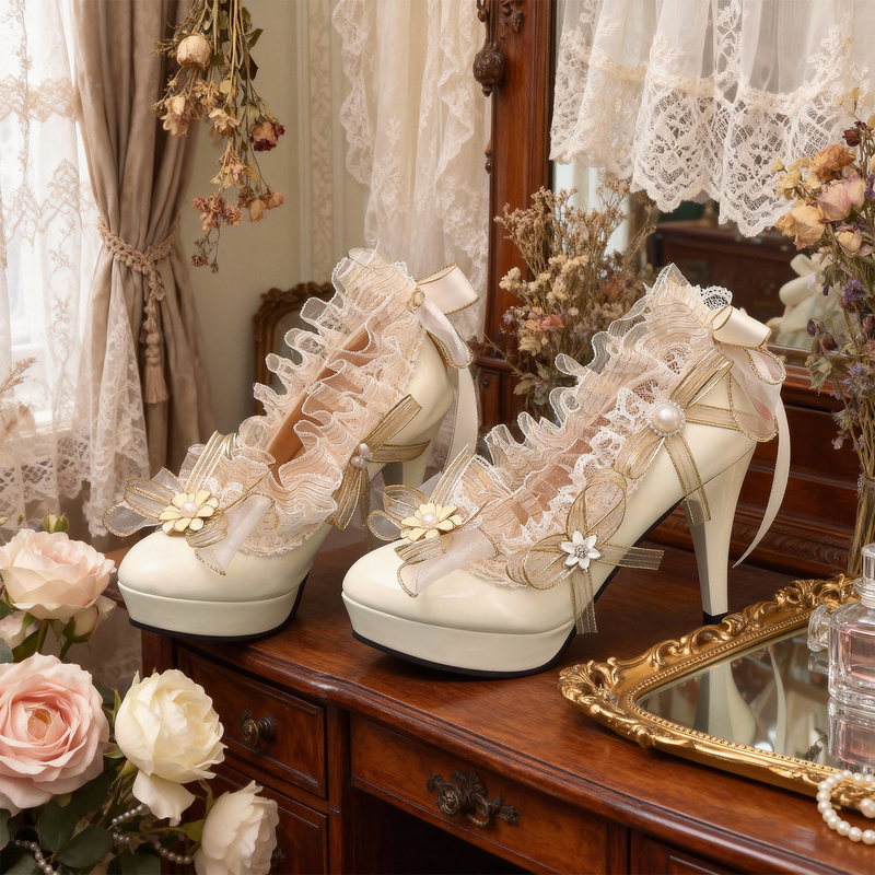 French Palace Lolita Princess Shoes Lace Bow High-Heeled Flats White Lolita Women's Shoes Large Size