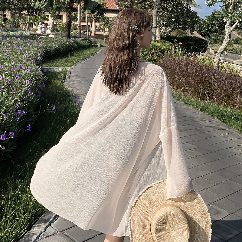 2026 Summer New Style Bali Beach Vacation Lightweight Pleated Chiffon Cardigan Women's Mid-Length Thin Loose Sun Protection Clothing 2026 Summer New Style Bali Beach Vacation Lightweight Pleated Chiffon Cardigan Women's Mid-Length Thin Loose Sun Protection Clothing