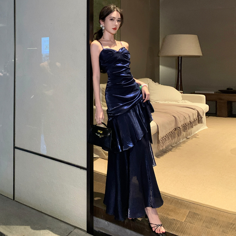 Blue Enchantress! Mermaid-Style Ruffled High-End Dress, Light Luxury Niche Coming-Of-Age Ceremony Birthday Dress, Long Dress for Women