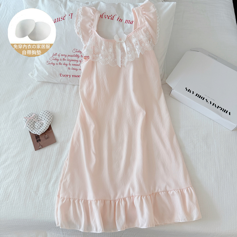 Summer Sleeveless Cloud Cotton Nightgown with Chest Pads, Princess Style, Sweet and Fresh, Fairy Lace, Petite Homewear Summer Sleeveless Cloud Cotton Nightgown with Chest Pads, Princess Style, Sweet and Fresh, Fairy Lace, Petite Homewear