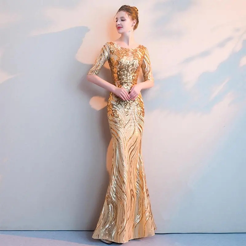 Golden Evening Dress Performance 2026 New Style Luxurious Banquet Slimming Elegant Socialite Long Fishtail Dress