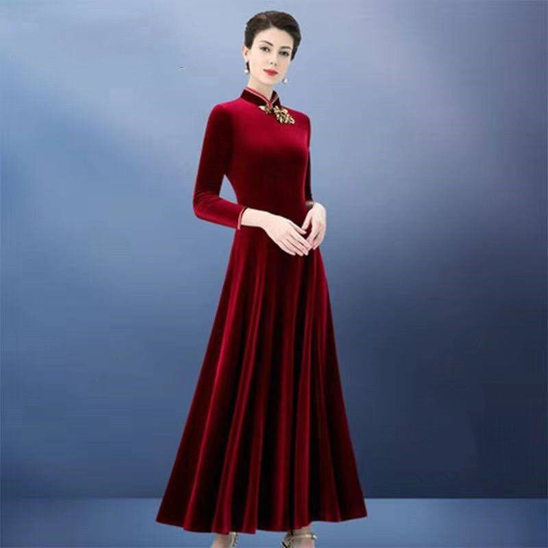 Spring and Autumn Dress for Women, Mid-Length, Stylish Velvet, Chinese Style Improved Version of Cheongsam, Long-Sleeved Dress for Wealthy Ladies, Mother's Clothing Spring and Autumn Dress for Women, Mid-Length, Stylish Velvet, Chinese Style Improved Version of Cheongsam, Long-Sleeved Dress for Wealthy Ladies, Mother's Clothing