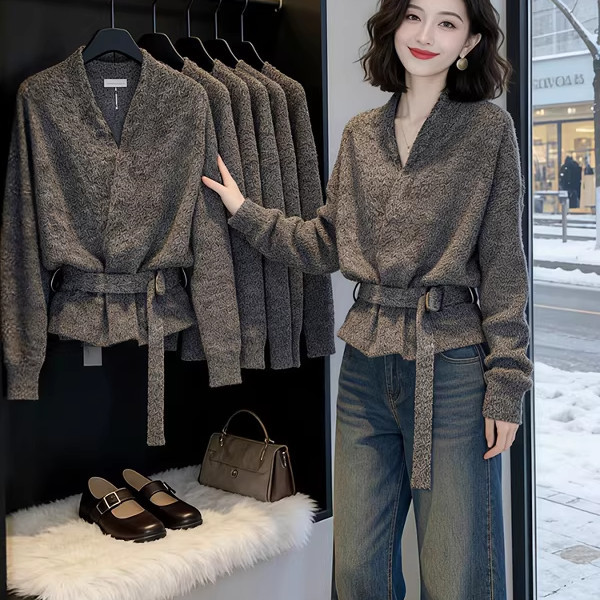 Trendy Black V-Neck Knitted Cardigan for Women, Spring Casual, High-End, Stylish, Age-Reducing, Waist-Slimming Sweater Jacket Top
