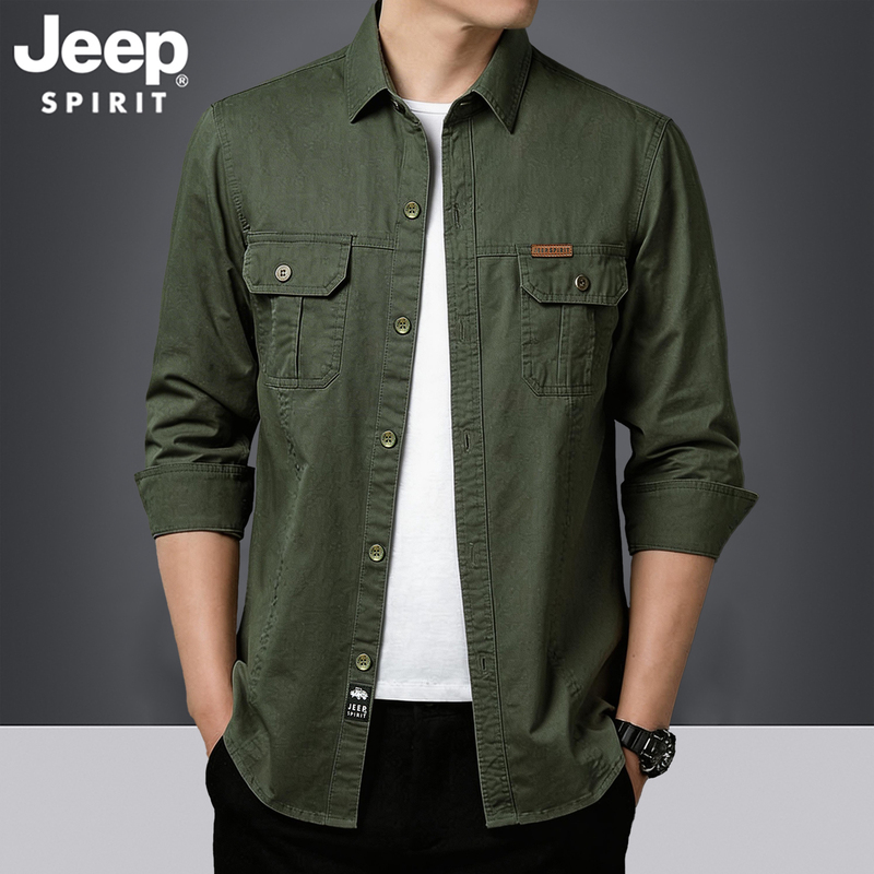 Jeep Pure Cotton Long-Sleeved Shirt for Men 2026 Spring Workwear Casual Loose Shirt Large Size Top Trendy