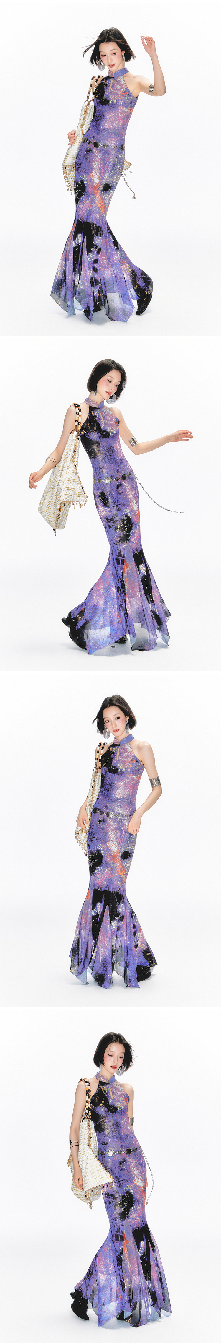 Yang Er Da Meng original National style purple printing halter  Sleeveless cheongsam Dress female New Chinese style stand collar longuette