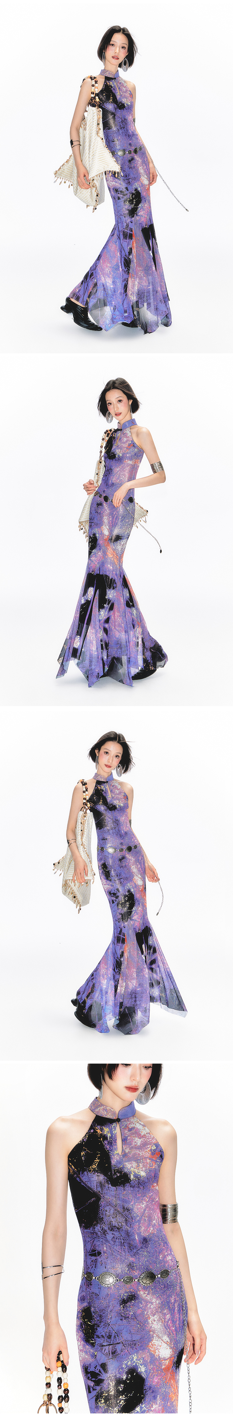 Yang Er Da Meng original National style purple printing halter  Sleeveless cheongsam Dress female New Chinese style stand collar longuette