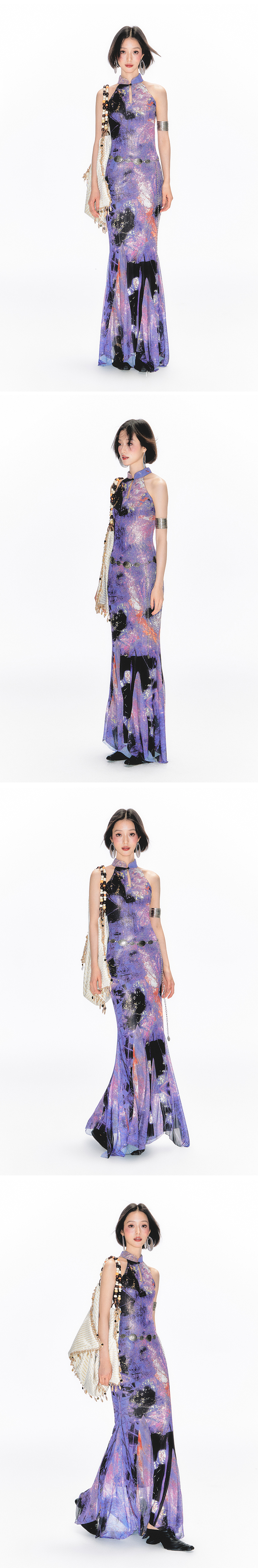 Yang Er Da Meng original National style purple printing halter  Sleeveless cheongsam Dress female New Chinese style stand collar longuette