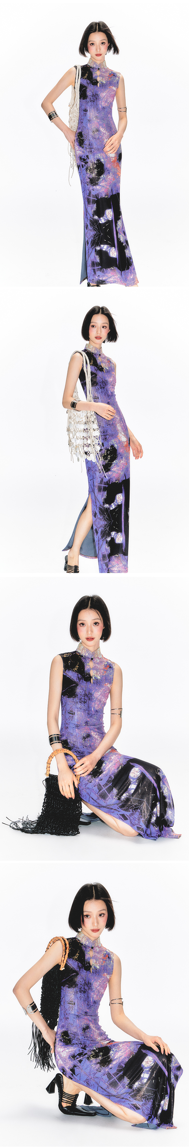 Yang Er Da Meng original National style purple printing halter  Sleeveless cheongsam Dress female New Chinese style stand collar longuette