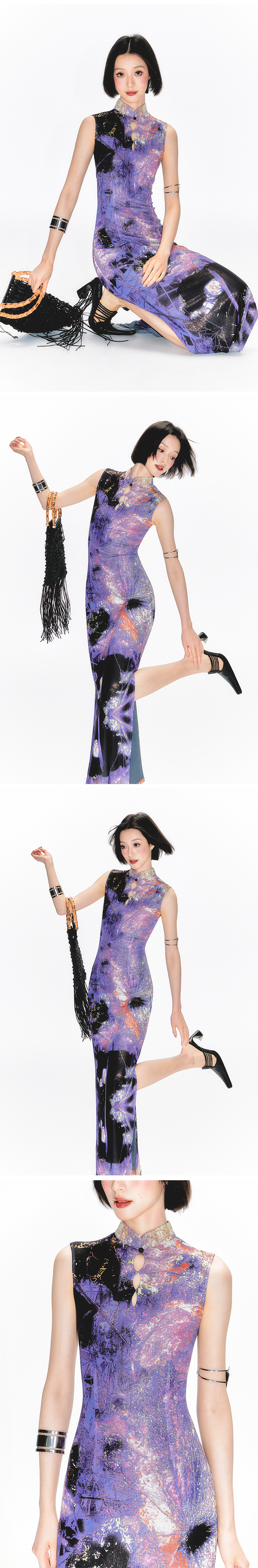Yang Er Da Meng original National style purple printing halter  Sleeveless cheongsam Dress female New Chinese style stand collar longuette