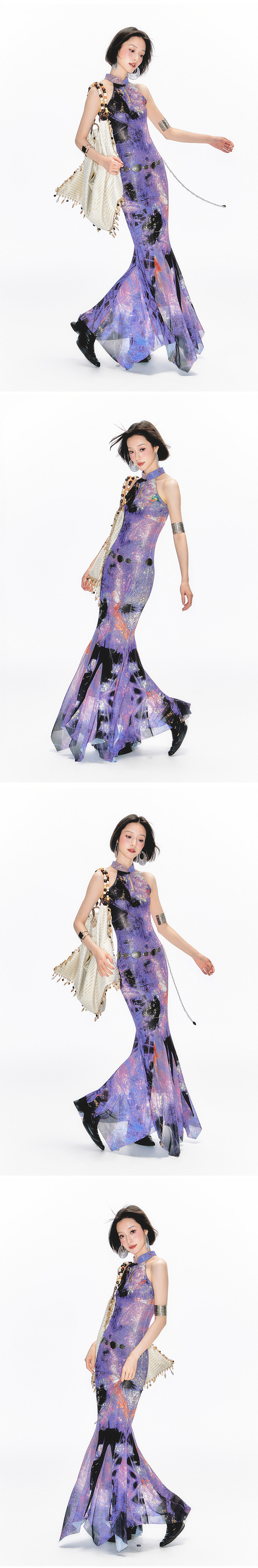 Yang Er Da Meng original National style purple printing halter  Sleeveless cheongsam Dress female New Chinese style stand collar longuette