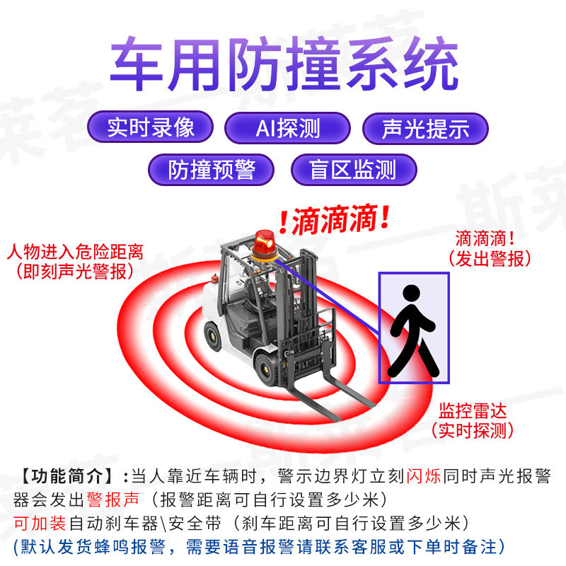 Forklift Excavator Truck Reversing Radar Sound and Light Alarm Ai Anti-Collision Alarm System Camera Blind Spot Monitoring Voice