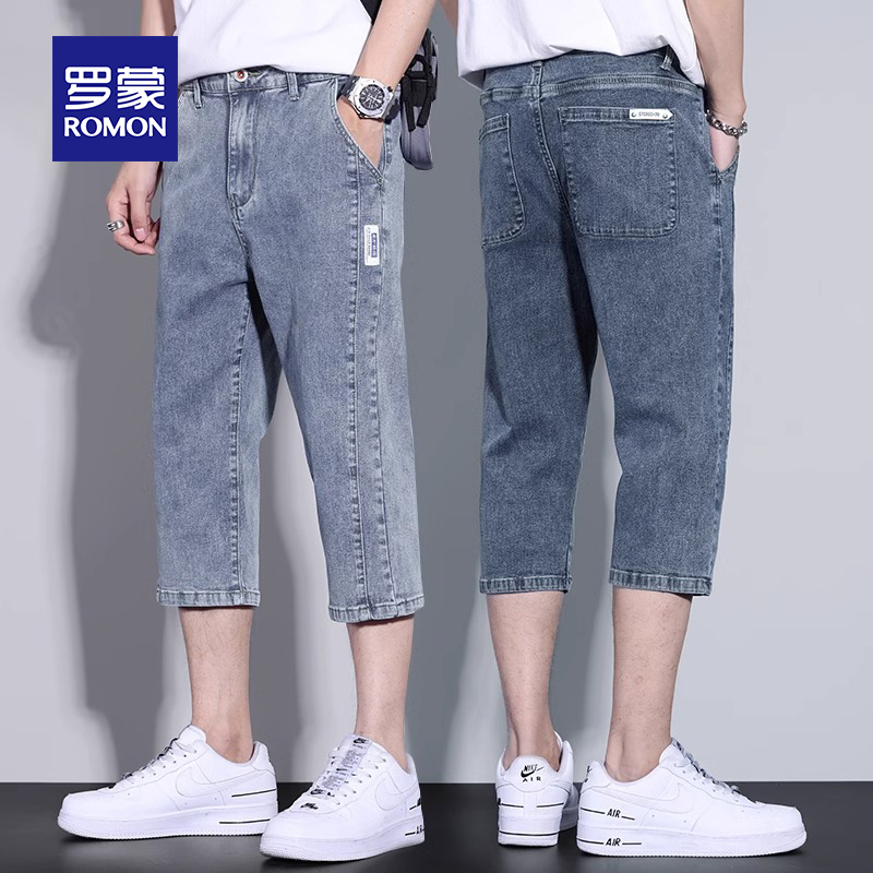 Romon Men's Denim Shorts, Thin Casual Sports Blue Capri Pants, Trendy Loose Straight-Leg Ice Silk Breeches