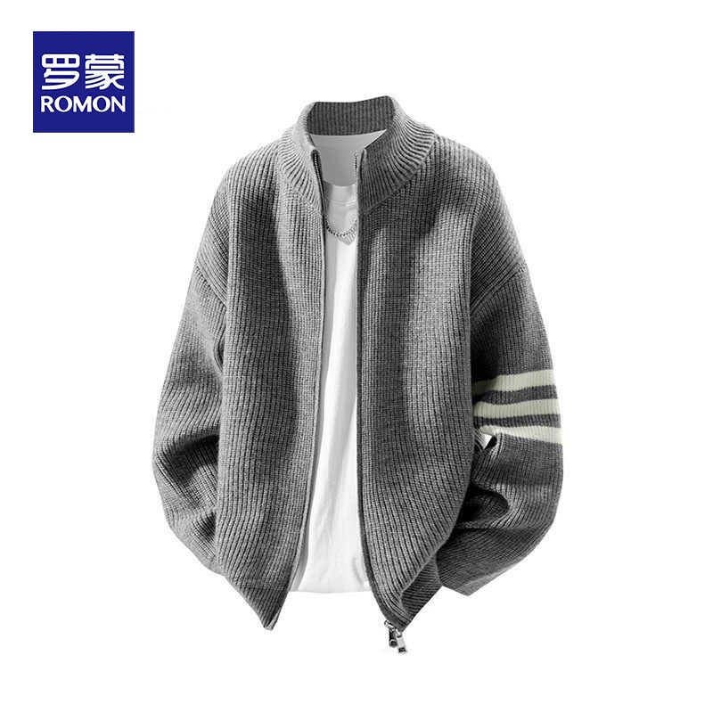 Romon Zipper Stand-Up Collar Cardigan Sweater Men's Spring and Autumn New Casual Sports Jacket Three-Stripe Knitwear Trendy