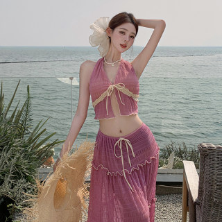 泳衣女2025新款高级性感挂脖分体比基尼三件套长裙绝美沙滩度假风