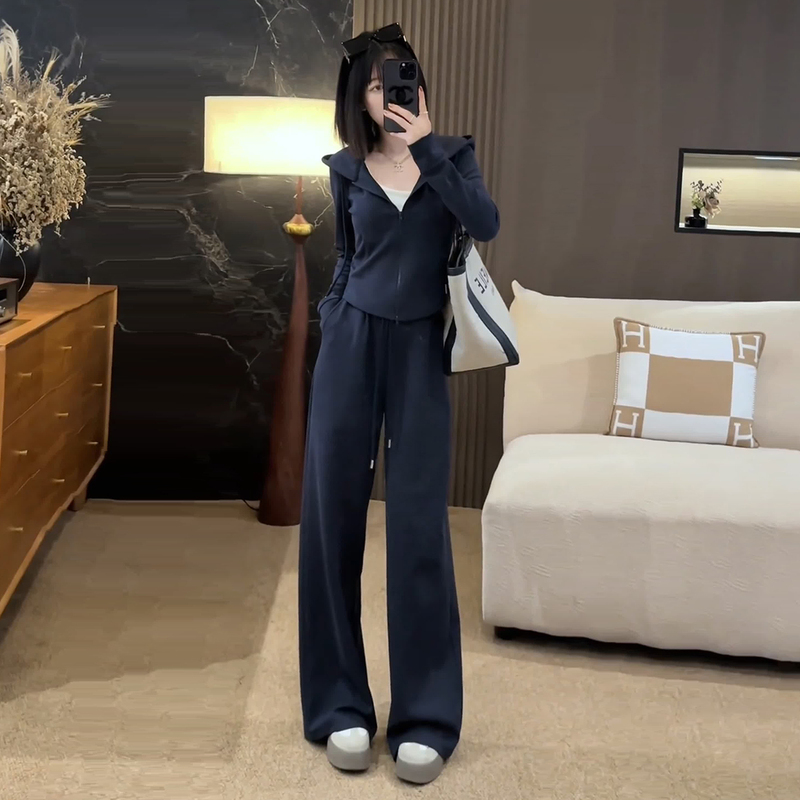 2026 Super Popular European Style Navy Blue Casual Sports Suit for Women, Spring and Autumn Trendy Slim-Fit Sweatshirt Jacket Two-Piece Set