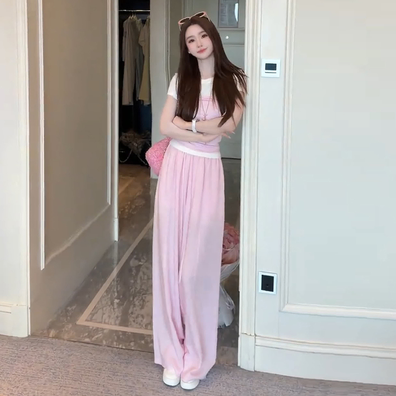 Trendy Pink Casual Sports Suit for Women, Summer Age-Reducing, Stylish, Slimming, Color-Blocked Short-Sleeved Wide-Leg Pants Two-Piece Set