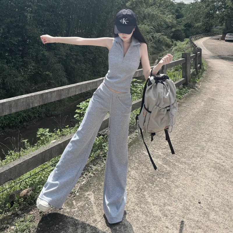 Super Popular and Stylish Korean-Style Gray Casual Sports Suit for Women, Summer Age-Reducing Vest and Wide-Leg Pants Two-Piece Set, Trendy