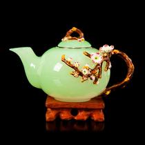 Romanis new boutique green mutton jade porcelain enamel teapot glass home kung fu Chinese gift box