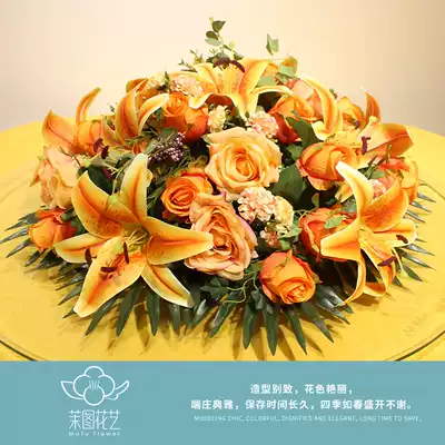 Hotel big round table flower simulation flower round round table turntable set flower silk flower fake flower decoration high-grade ornaments plastic