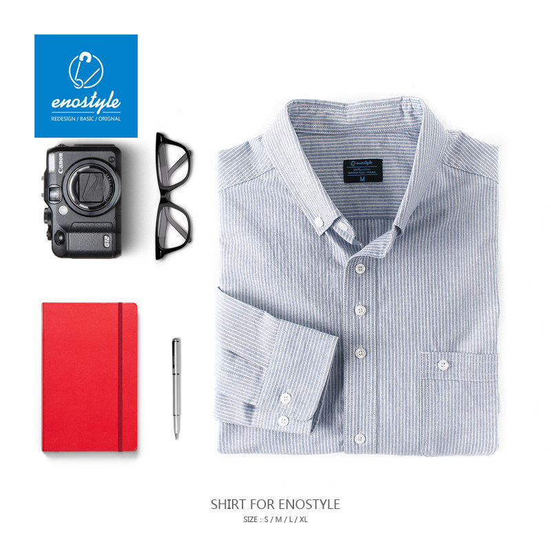 enostyle日系复古条纹牛津纺男式翻领纯棉长袖衬衫
