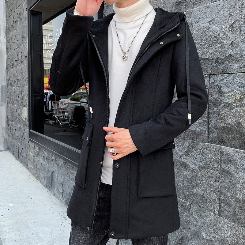 Tóc nam áo 2019 mới của Hàn Quốc phiên bản của len xu hướng cũng con trai của áo gió dài trùm đầu với chiếc áo khoác nam dầy của