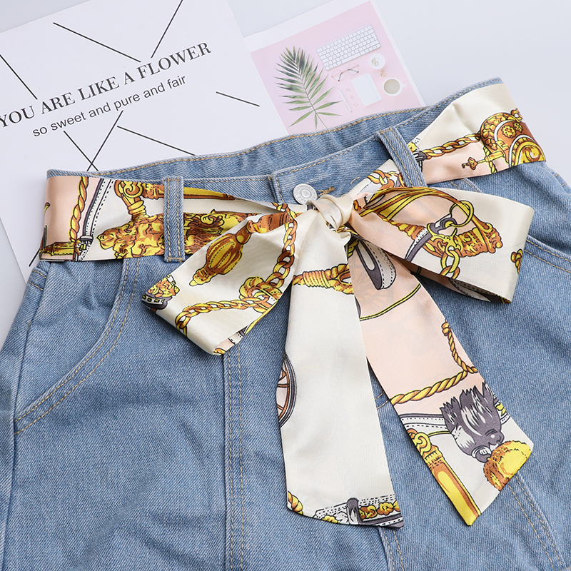 European and American Fashion Women's Ribbon Belt with Dress Chiffon Thin Long Scarf Shirt Decorative Neckerchief Korean