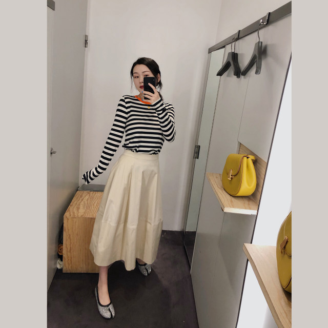 yjiid homemade 23 spring and summer new loose slimming striped round neck all-match pure cotton T-shirt bottoming shirt for women