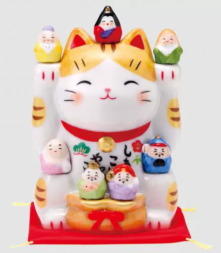 Подлинный японский, сделанный в фармацевте Килн Семь благословения Бога Светлые глазури Окрашенные керамика кошка кошка кай подарки подарки место