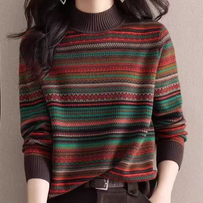 New Style Loose-Fitting Women's Base Layer Shirt for a Youthful Look 2025, Lazy Style, Retro Striped Half-High Collar, Stylish and Versatile for a Youthful Look New Style Loose-Fitting Women's Base Layer Shirt for a Youthful Look 2025, Lazy Style, Retro Striped Half-High Collar, Stylish and Versatile for a Youthful Look