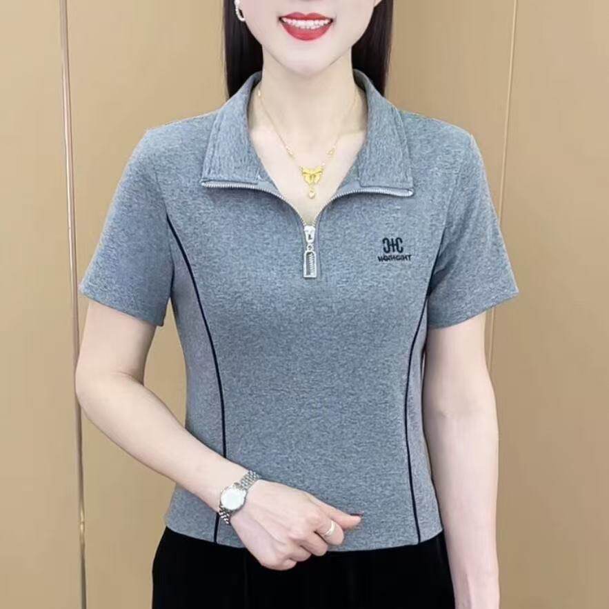 【气质减龄】夏季新款时尚洋气撞色半拉链短袖T恤女修身显瘦上衣