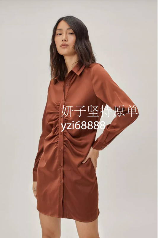 British Single-Brand  Gal Satin Pleated Front Shirt Single-Breasted Button Commuter Long-Sleeve Mini Dress