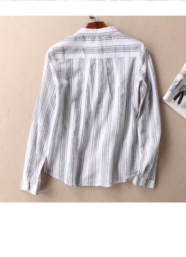 Phần mỏng của cotton văn học mùa thu đứng cổ áo sọc dọc phụ nữ áo dài tay thanh lịch và thanh lịch của phụ nữ D682 áo sơ mi nữ dài tay cá tính