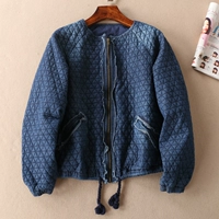 Thời trang thô dây rút eo eo hem mùa đông và mùa đông chần denim áo khoác ngắn nữ cổ tròn dây kéo áo len C184 áo hoodie nữ cute