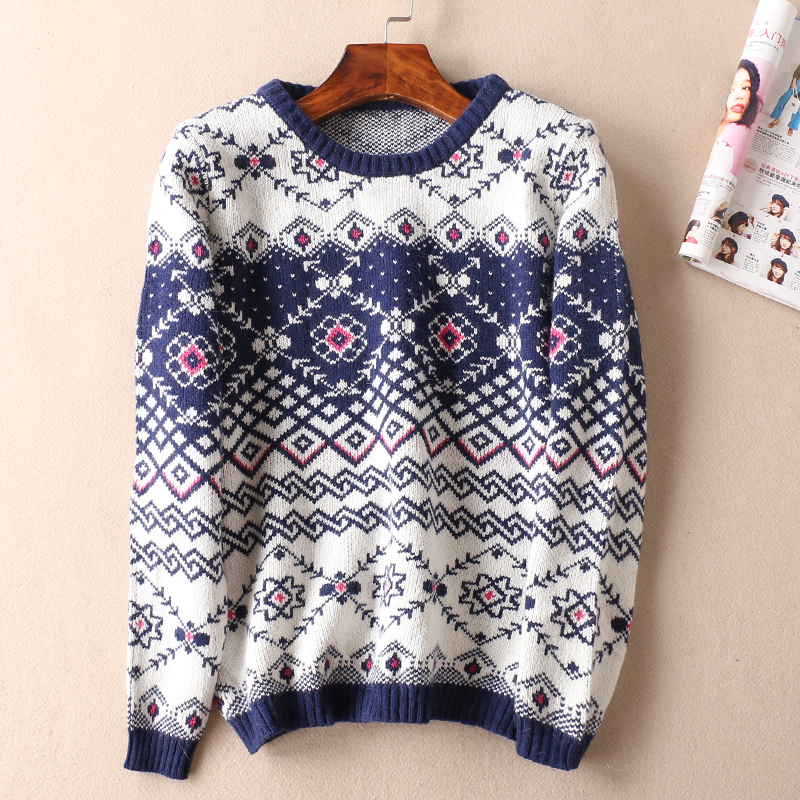 Mùa đông retro đôi jacquard dày cổ tròn áo len áo len nữ dài tay ấm áo dệt kim nữ B163 thời trang công sở nữ cao cấp